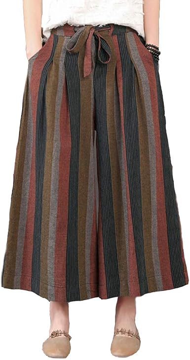 BaronHong Pantaloni da Donna Larghi in Cotone a Righe Colorate Pantaloni  Larghi Allentati (Marrone, M) : Amazon.it: Abbigliamento