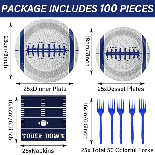 Image of Qyeahkj 25 Guests Cowboys Football Party Plates and Napkins Supplies American Football Team Platters Tableware Set Touch Down Blue & White Decor Favors for Football Fans Boy Sports Team Theme Party