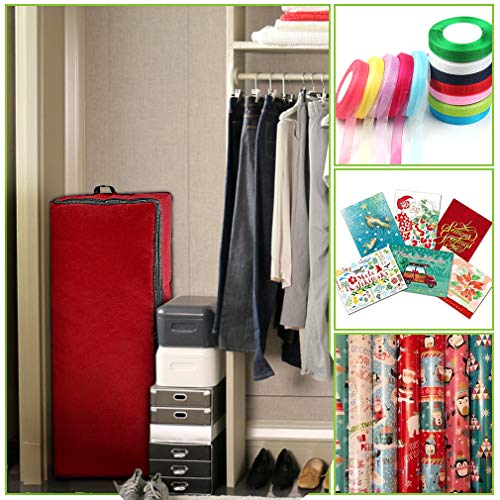 Primode Wrapping Paper Storage Container, Gift Wrap Organizer Under Bed, 41”X14”X6”, Fits 18-24 Rolls Up To 40”, Durable 600D Oxford Material, Wrap Storage Box Holder With Pockets For Ribbon, Bows, And Accessories (Red) #TOP4
