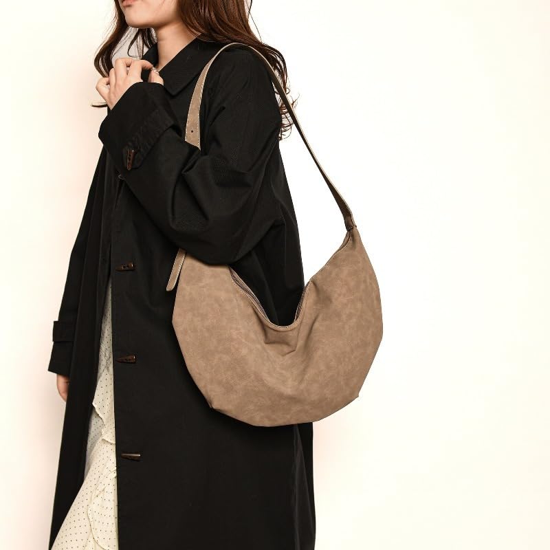 Women Trendy Suede Crescent Shoulder Bags Large Soft Suede Hobo Bags Tote Handbag Slouchy Top-Handle Crossbody Bag BGUS-12-02