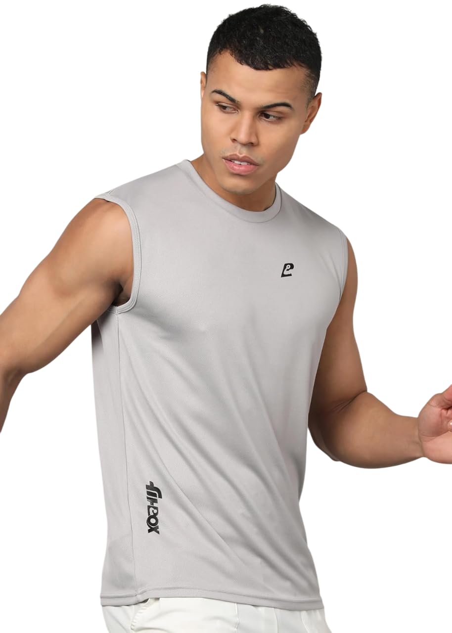 FitBox Sports Breeze Sleeveless T-Shirt for Gym, Comfortable Cardio & Workout Use, Lightweight Fabric (Micro Process Polyster with Wicking) Grey- M