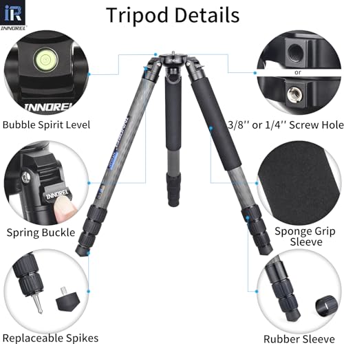 Image of INNOREL NT404C Carbon Fiber Tripod Professional Birdwatching Heavy Duty Camera 66lb /30kg Max Load 40mm Max Tube Diameter Bowl Tripod Birdwatching Camera Stand with a 1 /4 inch or 3 /8 inch External Screw Hole