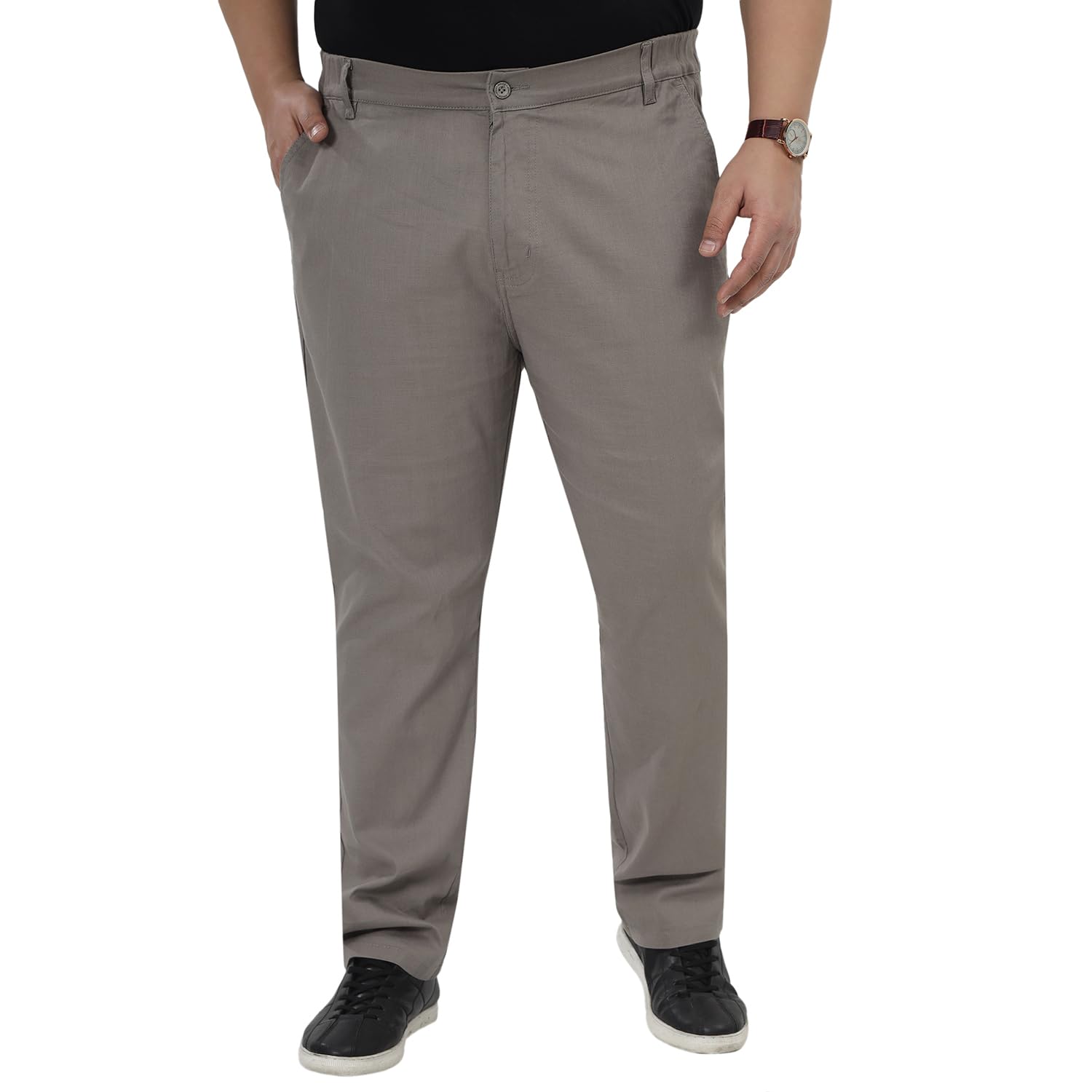 john pride Plus Size Men Regular Fit Mid-Rise Grey Solid Cotton Linen Casual Trousers (JPTR21075_Grey)-picture-24