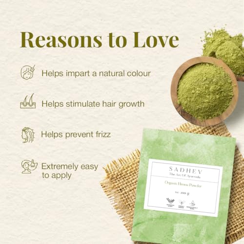 Image of SADHEV Ayurvedic Organic Henna Powder | 100% Pure Farm-Grown Mehendi | Covers Greys,Conditions & Strengthens Hair | Adds Natural Shine & Volume | Vegan,Chemical & Ammonia Free | For Men & Women |100gm