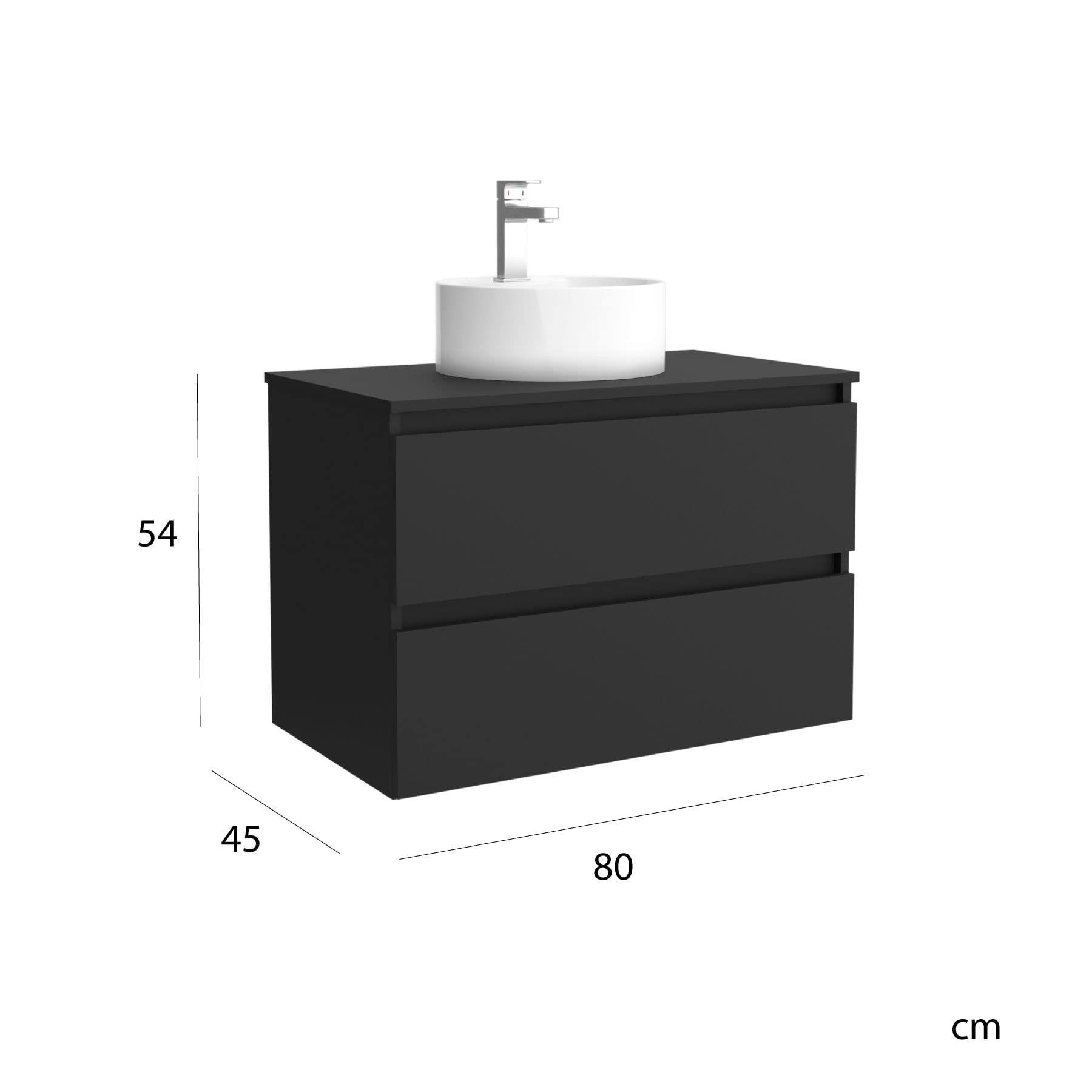 Mueble de baño Bequia 80 cm con Lavabo 100% montado de fábrica | Acabado Negro Mate suspendido 2 cajones Cierre amortiguado Apertura con uñero | Lavabo sobre encimera | Salgar