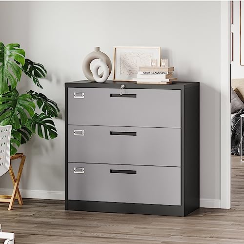 Image of Letaya File Cabinet with Lock-Lateral 3 Drawer Metal Filing Cabinets-Organization Storage for Home Office-Hanging Letter /Legal /F4 /A4 Size (Grey Black)