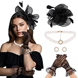 CURASA 4PCS Fascinators Hat For Women Flower Tea Party Hat With Lace Gloves Pearl Necklace Earrings Black Feather Hats 1920s Cocktail Wedding Church Headwear Elegant Headpiece Jewelry Set