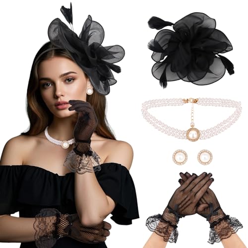 CURASA 4PCS Fascinators Hat For Women Flower Tea Party Hat With Lace Gloves Pearl Necklace Earrings Black Feather Hats 1920s Cocktail Wedding Church Headwear Elegant Headpiece Jewelry Set