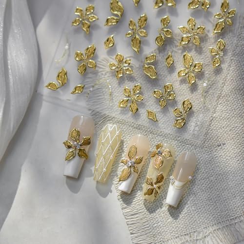 Image of Gold Flower Nail Stickers for Nails Art 5D Embossed Nail Decals with Design Golden Floral Nail Art Stickers Self Adhesive for Women Girls Manicure Charms Supply Decoration 1 Sheets
