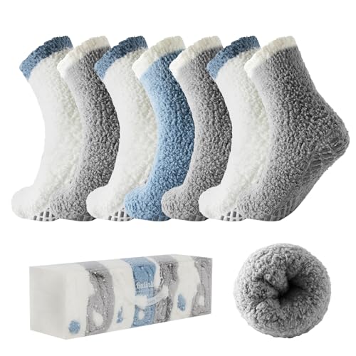 Image of Bulinlulu Fuzzy Socks with Grips Plush Sleep Cozy Winter Soft Hospital Fluffy Socks for Womens Mens Gifts