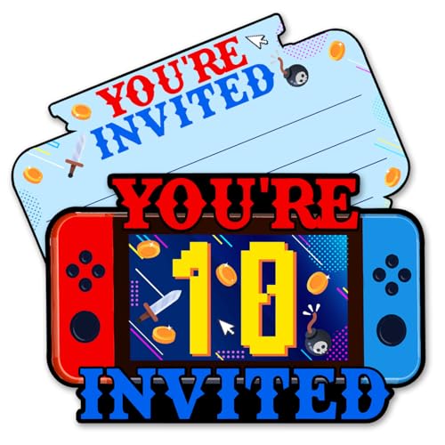QYCFDXD Video Game 10th Birthday Invitations Boy Video Game 10 Year Old Boys Birthday Party Shaped Invitations with Envelopes, Set of 20