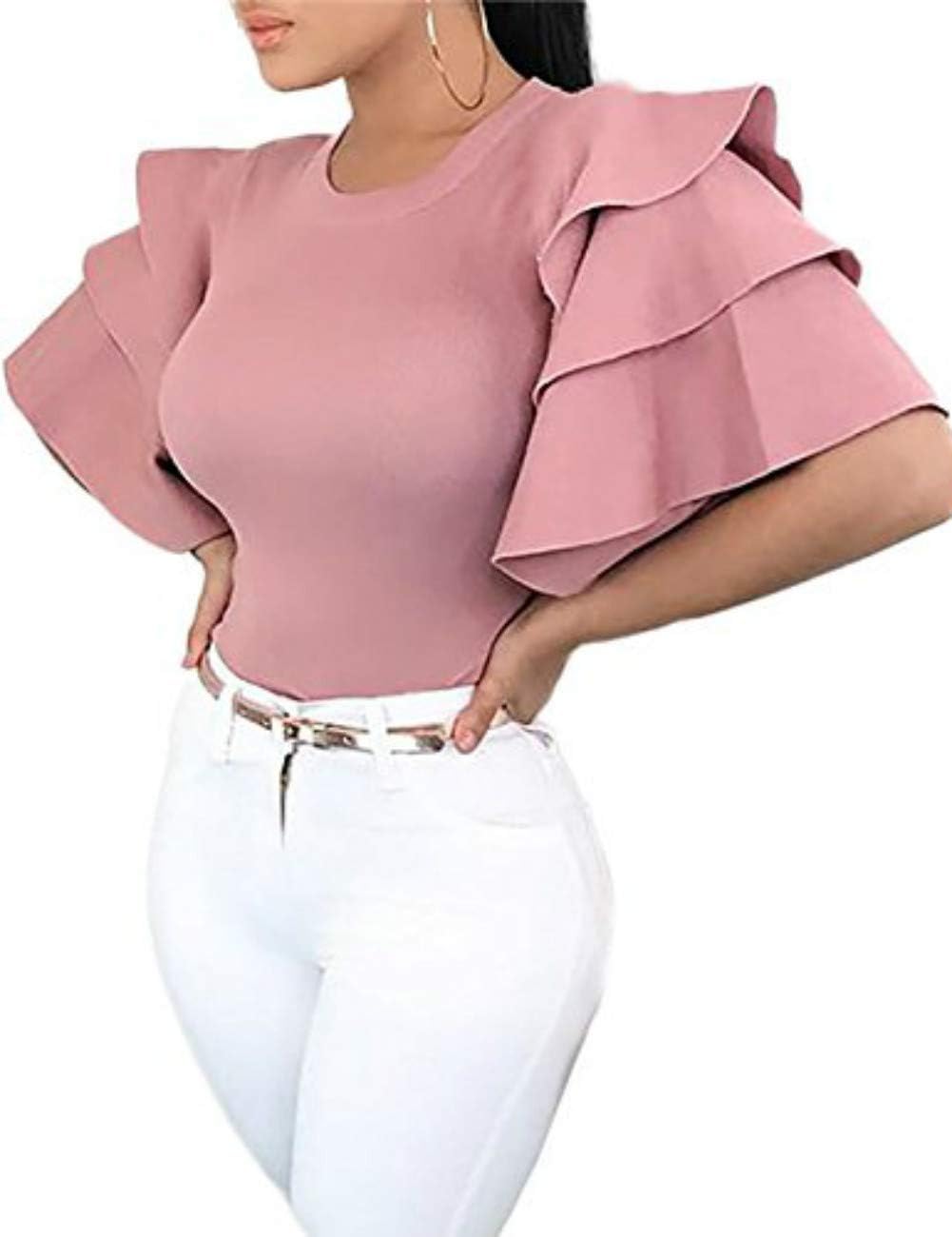 DUBACH Women's Half Bell Sleeve Shirts Pink XL