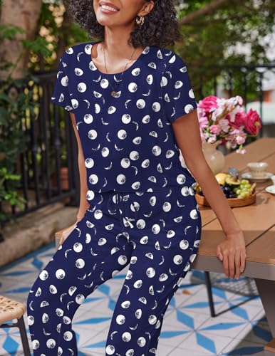 Image of Ekouaer 2 Pack Pajamas for Women Set Short Sleeve Sleepwear Top and Pants Pjs Soft Printed Lounge Sets with Pockets Purple Dots /Navy Blue Moon Small