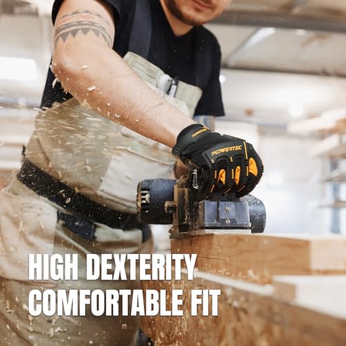 Image of POWERTEC Heavy Duty Work Gloves | Safety Gloves with Touch Screen Flexible Breathable, Abrasion-Resistant Slip-Proof Leather on Palm for Excellent Grip and Shockproof, 1 Pair (size L) (71955)