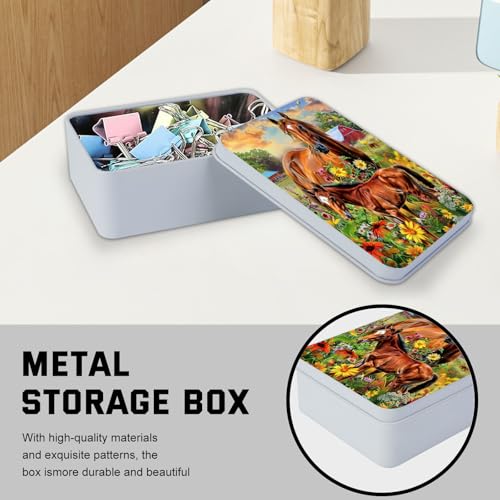 Image of Metal Tin Box with Lid for Game Cards Home Organizer Candles Keys Crafts Storage - Equipped with 4 Magnetic Cord Clips,Horses and flowers
