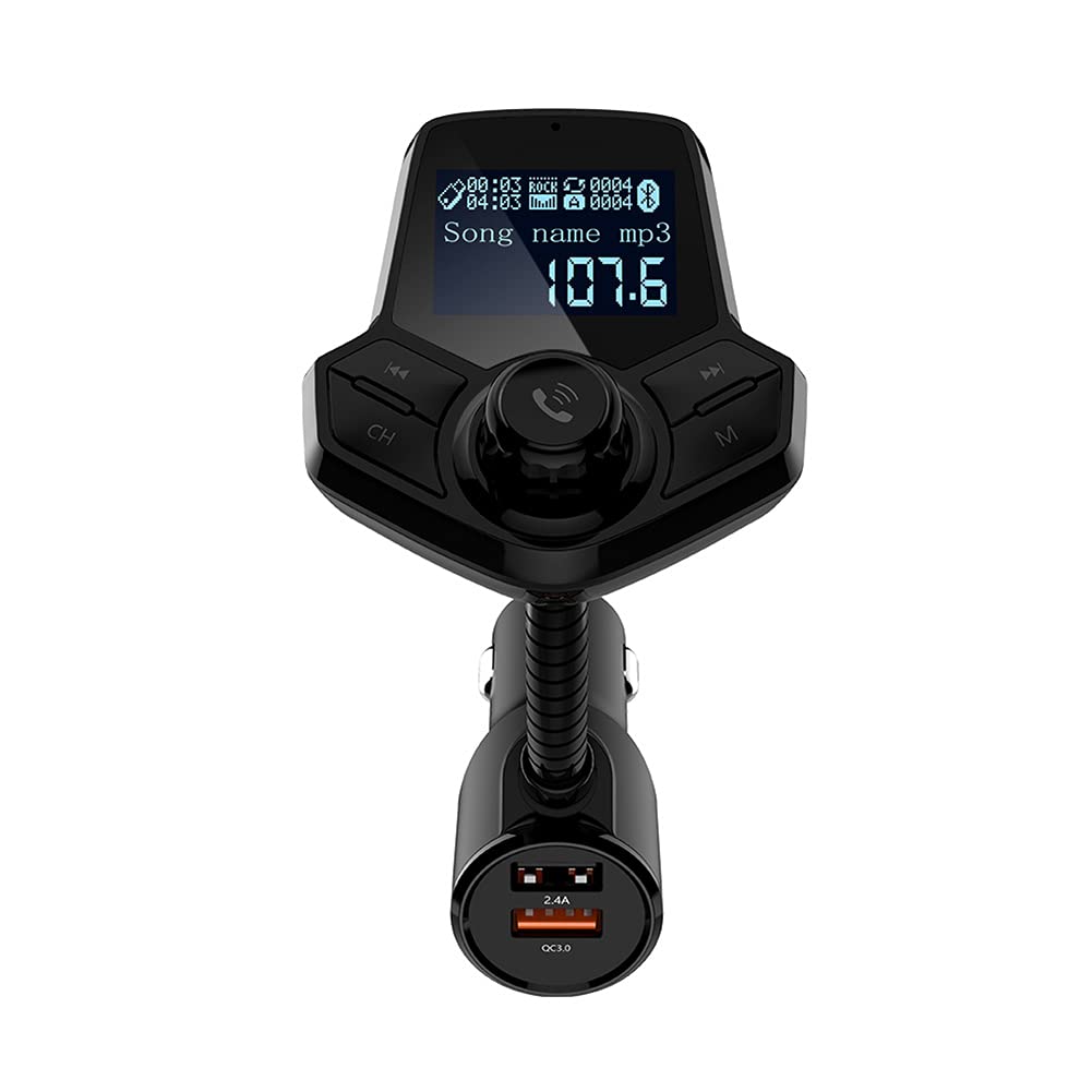 Bluetooth Car FM Transmitter, Wireless Audio Adapter Receiver with QC3.0 and Smart 2.4A Dual USB Ports Supports AUX Input/Output, TF Card Mp3 Player