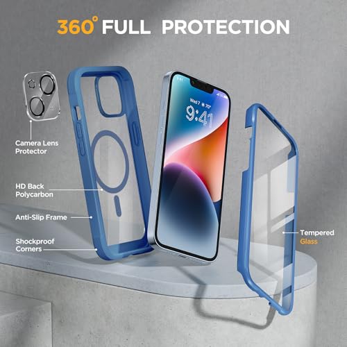 Image of Miracase Glass Series Designed for iPhone 14 Plus Case 6.7 inch, 2023 Upgrade Full-Body Magnetic Clear Case with Built-in 9H Tempered Glass Screen Protector,Compatible with MagSafe, Capri Blue