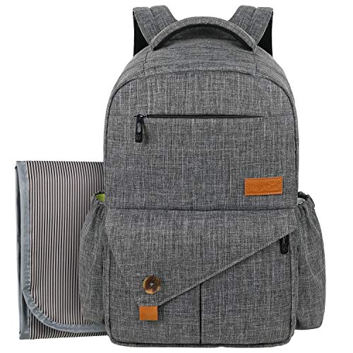 HapTim Large Capacity Diaper Bag Backpack W/Changing Pad - Stroller Straps-Insulated Pockets- Laptop Sleeve, Baby Travel Back Pack (Gray2-5284)