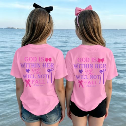 Image of Girls Christian Tees God is Within Her Jesus Shirt for Kids Faith Cute Graphic Bow Tshirt Inspirational Religious Top