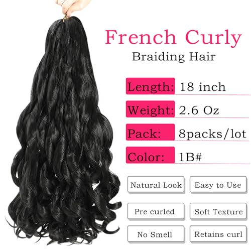 Conrora French Curly Braiding Hair 18 Inch 8 Packs Black Color - Pre Stretched Bouncy Braiding Hair- Loose Wavy Synthetic Hair Extensions For Black Women (18 inch 8 packs 1B)