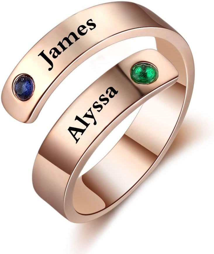 Personalized Promise Rings for Her Free Engraving Spiral Twist Name Ring with 2 Simulated Birthstones Jewelry Ring Gifts for Women Girlfriend