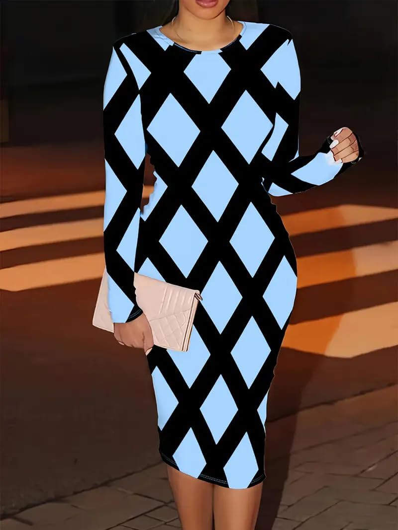 Fall Dresses for Women Plus Size Crew Neck Long Sleeve Grid Print A Line Midi Dress Vacation Outfit