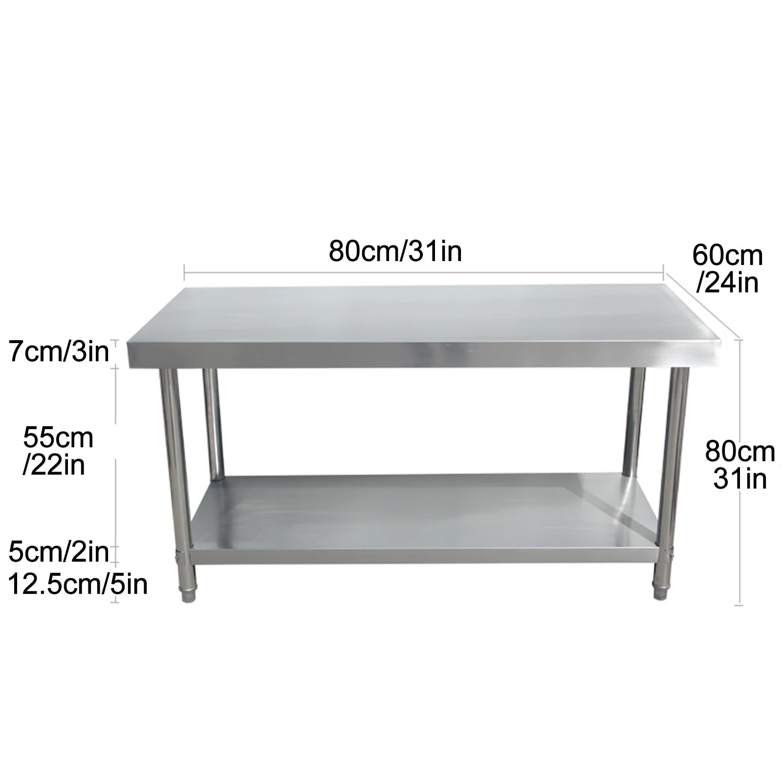Tavolo da lavoro in acciaio inox resistente con ripiano inferiore e gambe zincate, 70 x 60 cm, per uso commerciale da cucina, ristorante, casa e hotel