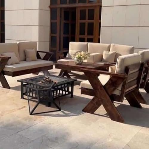 مردود السعودية طقم جلسات خارجية من الخشب الأوروبي الطبيعي مكون من كنبة ثلاثية + كنبة ثنائية + 2 كرسي فردي + طاولة قهوة في الوسط - الموديل Xiw038