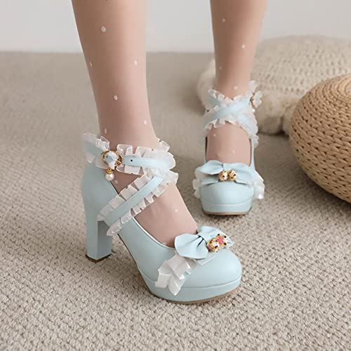Image of FOREADA Lolita Shoes Platform Mary Jane Heels Kawaii Bow Lace Pearl Pumps | Vintage kawaii lolita styling ideal for dresses, with bead, lace, bow, ankle strap, pink, white and classic black colors