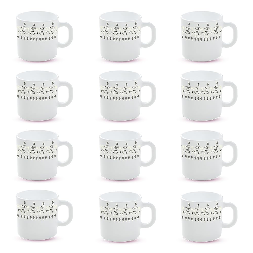 Larah by Borosil Ora Gold Opalware Mug, Set of 12 Tea/Coffee Mugs, 180 ml Each, Microwave & Dishwasher Safe, Bone-Ash Free, Crockery Set Ideal for Daily Use & Gifting, White (B0C8FLPWH7) Amazon Price History, Amazon Price Tracker