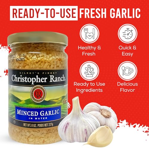 Christopher Ranch Minced Garlic in Water | California-Grown Fresh Garlic | Pre-Minced for Quick Cooking | Gluten-Free & Vegan-Friendly | Ideal for Sauces, Marinades & Everyday Recipes | 8 Oz / 227g