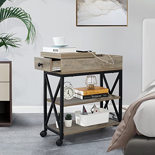 Narrow Side Table With Charging Station Small End Table With Drawer Flip Top Couch Table With Wheels Living Room Bedroom Bedside Table With Storage Shelf,Grey #TOP1