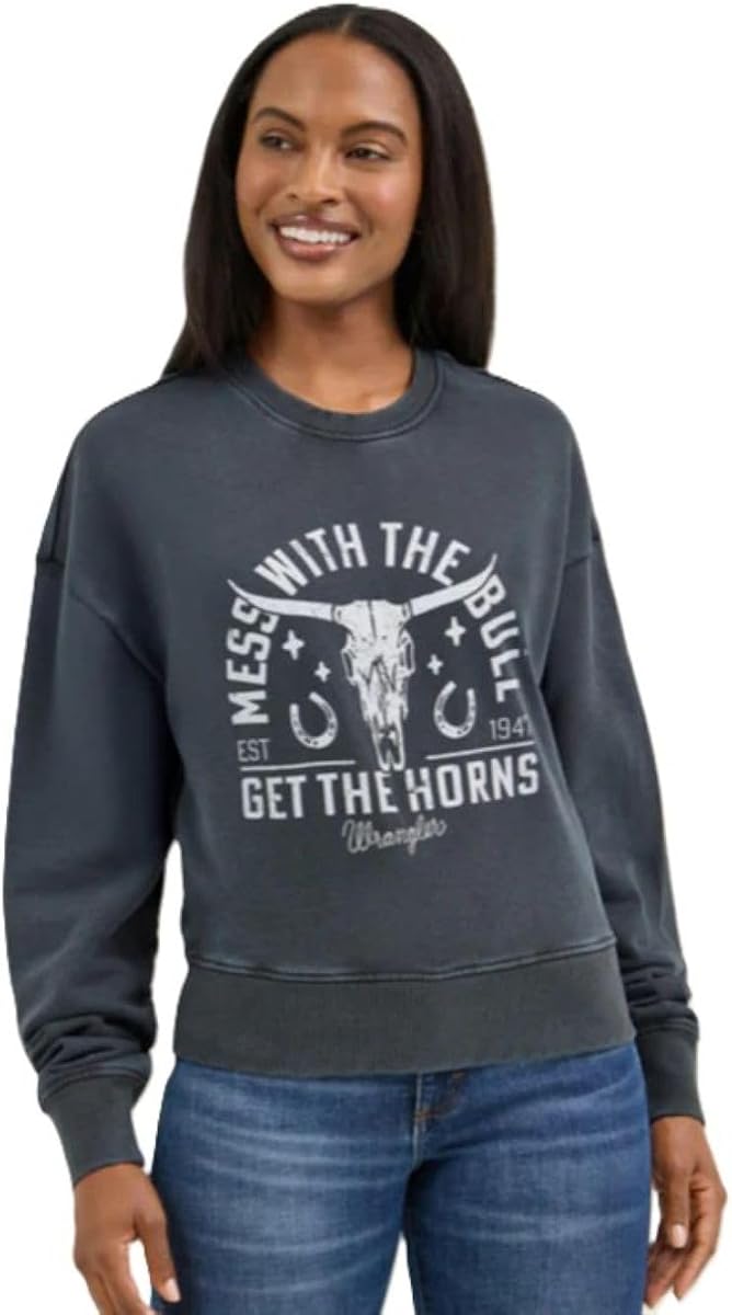 Wrangler Womens Western Long Sleeve Mess With the Bull Crop Crew Neck (US, Alpha, Small, Regular, Regular) Black