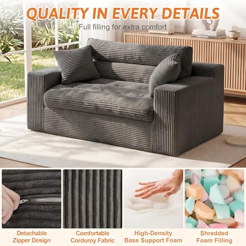 Image of Erament Boneless Loveseat Sofa Couch, 2 in 1 Convertible Sofa Bed with Pillows, Fold Out Bean Bag Chair Boneless Floor Couch for Living Room Bedroom Office Lounge Apartment, No Assembly Needed, Grey