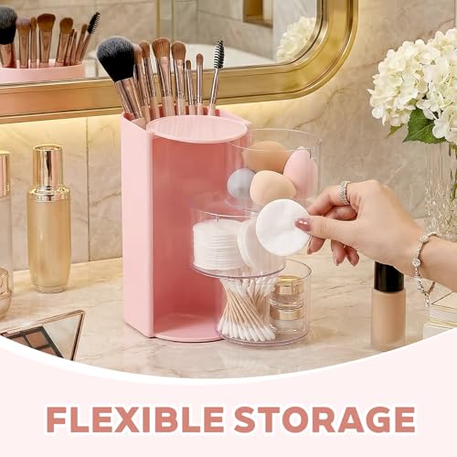 180° Drehteller Schminktisch Organizer 3-stöckiger Kosmetik Organizer Make up Pinselhalter Transparente Haar-Zubehör Aufbewahrung Für Schmuck, Haarschmuck, Puderquasten, Make-up Pinsel (Rosa)