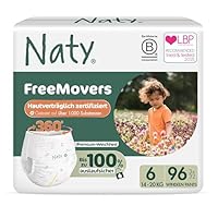 Naty FreeMovers Baby Pants Windeln | Windelhöschen zertifiziert hautverträglich | Weich & ohne Duftstoffe | Saugstark & Auslaufsicher | Dermatologisch getestet | Größe 6 (14–20 kg) | 96 Stück
