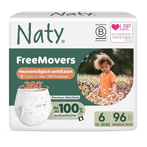 Naty FreeMovers Baby Pants Windeln | Windelhöschen zertifiziert hautverträglich | Weich & ohne Duftstoffe | Saugstark & Auslaufsicher | Dermatologisch getestet | Größe 6 (14–20 kg) | 96 Stück