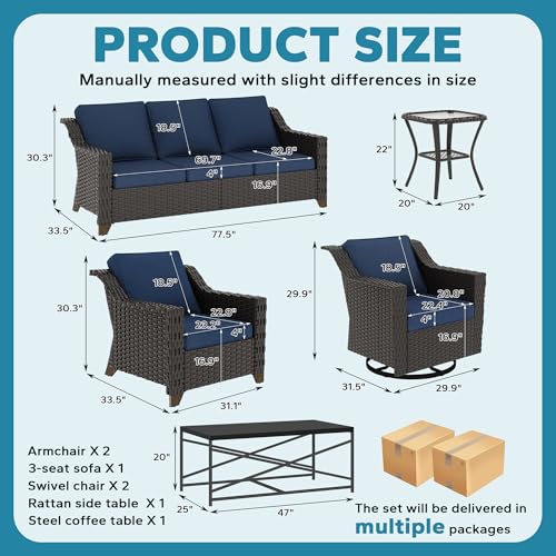 Image of 7 Pieces Outdoor Conversation Furniture Set - 77 inch Patio Sofa, 2 Armchairs, 2 Swivel Glider Chairs, 1 Side Table, 1 Metal Table, Wicker Couch with Washable Cushions for Porch (Navy Blue) | Patio Chair Set with Olefin Removable Cushion, All-Weather Outdoor Couch with Deep Seat for Porch, Deck and Backyard, Blue