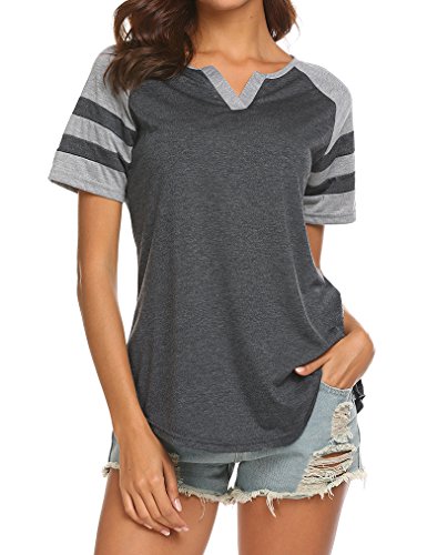 Locryz Women's Summer V Neck Raglan Short Sleeve Shirts Casual Blouses Baseball Tshirts Top XXL Deep Grey