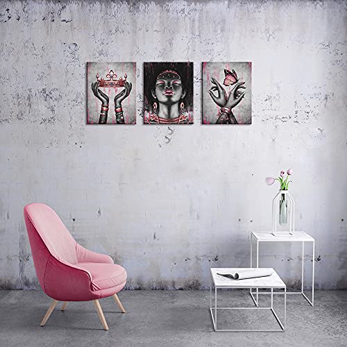 Visual Art Decor African American Canvas Wall Art Black Woman Portrait Fashion Gold Rose Pink Necklace Bracelet Queen Crown Butterfly Painting Giclee Prints Framed Poster For Home Living Room Bedroom Girl Gift Decortion (16X20X3) #TOP2