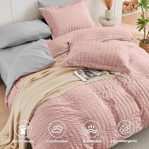 Image of HYMOKEGE Rose Gold /Light Grey Queen Comforter Set Seersucker 7 Pieces, All Season Luxury Bed in a Bag Queen for Bedroom, Bedding Set with Comforter, Sheets, Pillowcases & Shams