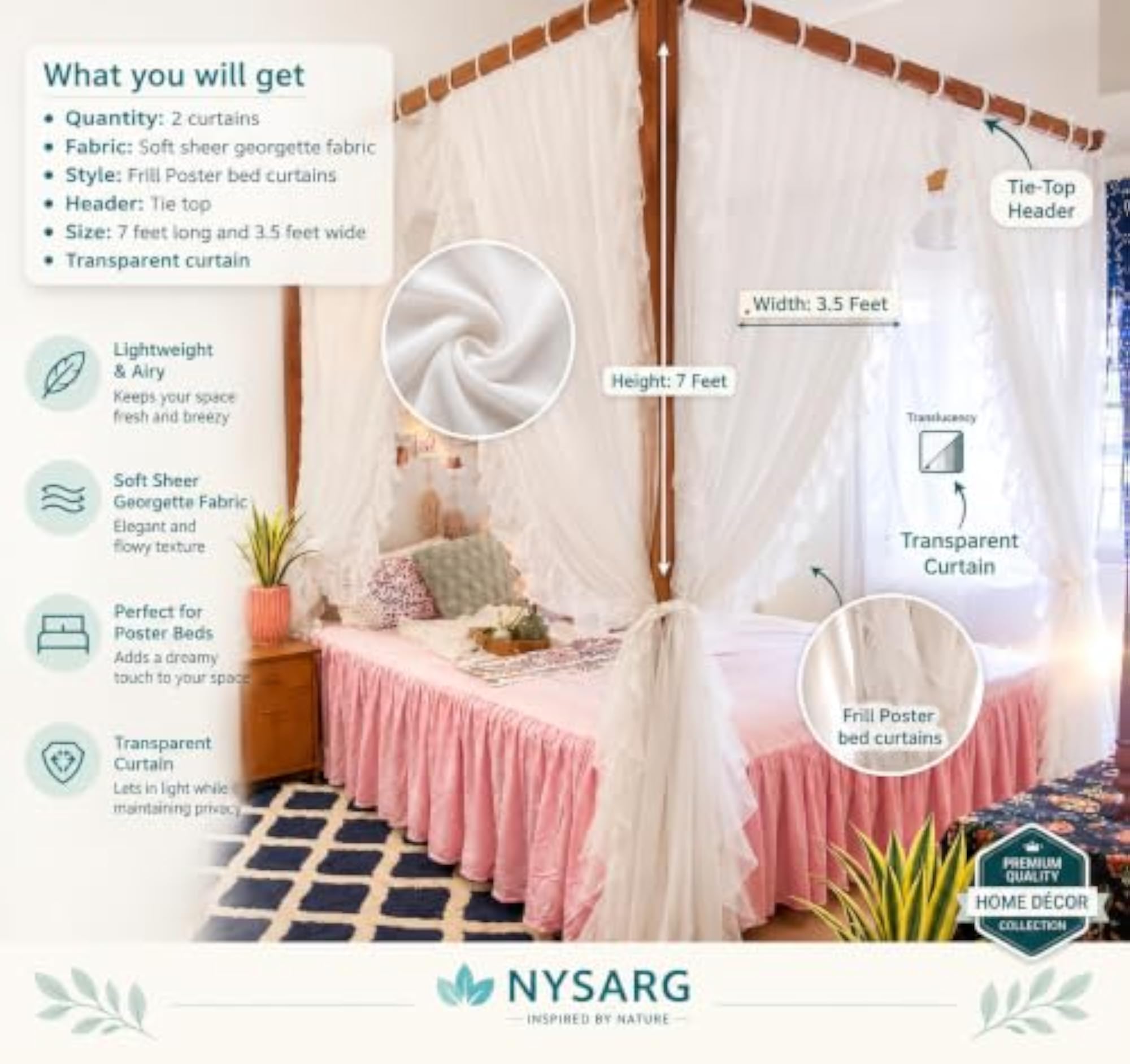 NYSARG Snow White Poster Bed Curtains with Side Ruffle Frills