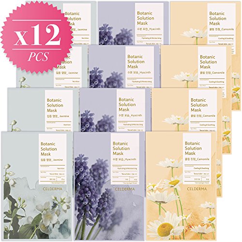 CELDERMA Korean Mask Pack (12 Sheets) Premium Face Masks For Moisturizing, Cooling, Soothing with Jasmine and Camomile (12 Count) - Intense Hydration Set …