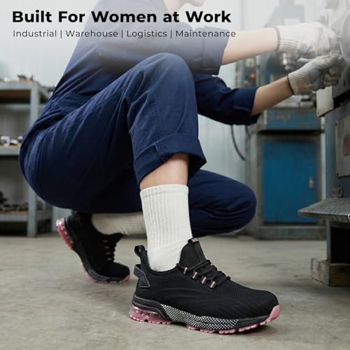 Image of SPIEZ Safety Shoes for Women, Composite Toe Work Shoes with Air Cushioned Comfort, Lightweight Puncture Proof Safety Sneakers for Work and Daily Wear, Black Pink /Purple US4.5-10