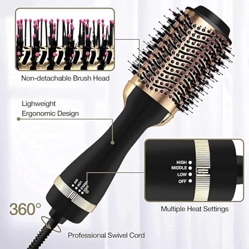 Image of 24K Gold Styling Surface Hot Brush 3 in 1 One Step and Styler Volumizer for Straightening, Curling, Salon Negative Ion One Step Styler, Hot Air Blow Brush for Women Golden One step Best Gift Your Partner (Gold PLATED DRAYER)