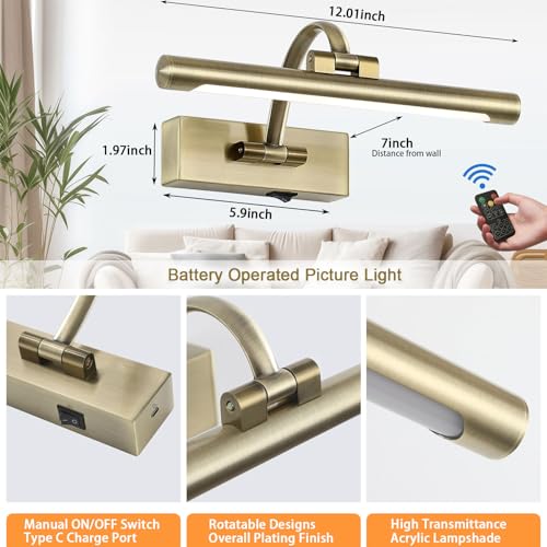 Image of Tassuowell Wireless Picture Lights for Wall,12 Inch Battery Operated Picture Light,3CCT Dimmable Lights for Pictures on Wall with Timer and Remote for Display Photo Frame (Antique Bronze, 12inch)