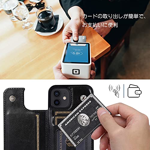 iPhone12 ケース/iPhone12Pro ケース 6.1インチ用 背面ポケット付き 写真入れ カード収納 スタンド機能付き マグネット式 耐衝撃 PU+TPU素材 スマホカバー(ブラック)
