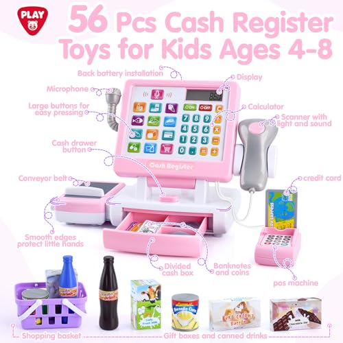 Image of PLAY Kids Cash Register Toy - Pretend Play Calculator Register Toys with Microphone /Conveyors /Play Money /Scanner /Credit Card /Cans /Drink, 3+ Toddler Develops Early Math Skills Learning Toys