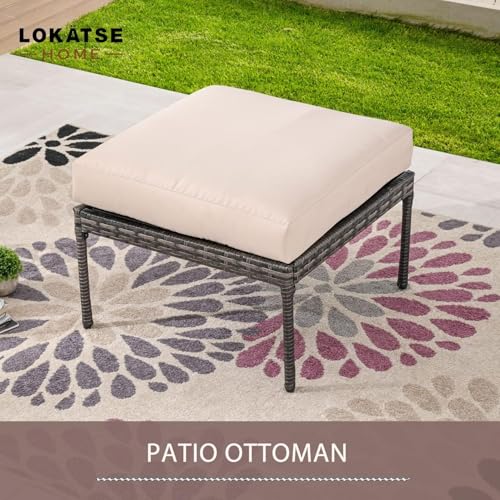 Image of LOKATSE HOME 2 Piece Outdoor Footstool Patio Ottoman Rattan Small Seat Wicker Furniture with Thick Cushion for Garden Yard Deck Poolside