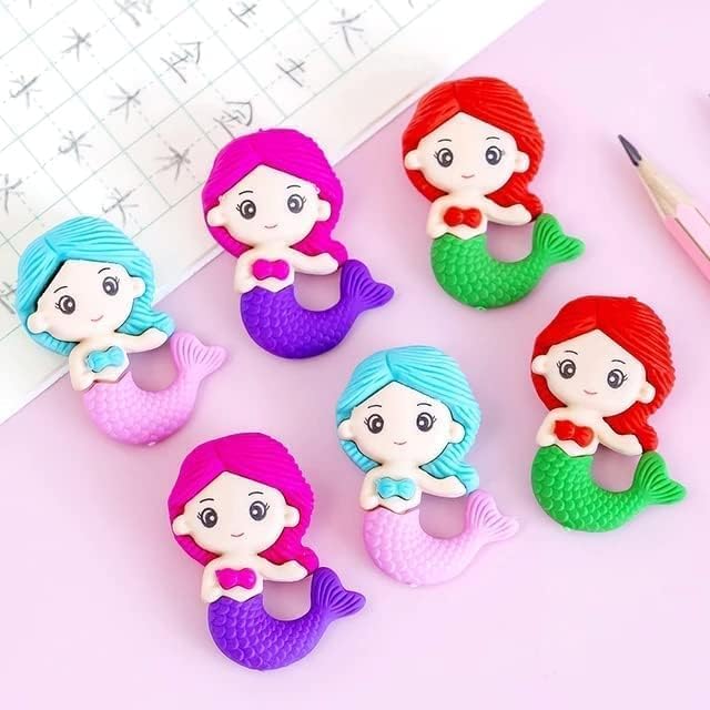 Image of AK Store (Pack of 4) 3D Cute Cartoon Shape Rubber Pencil Erasers, School Stationery for Kids, Boys Girls, Birthday Return Gifts (Mermaids)
